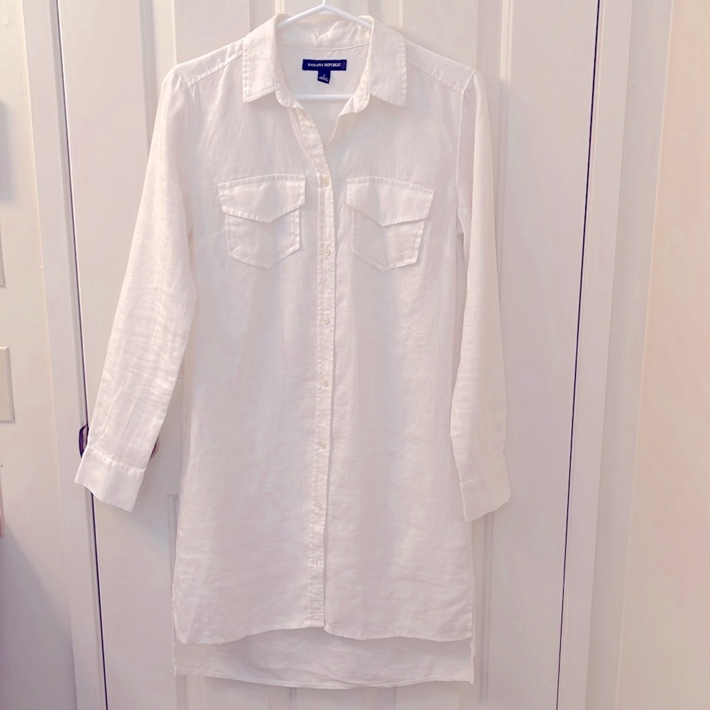 Banana Republic 100% Linen White Casual Button Down Shirt Dress Size 2